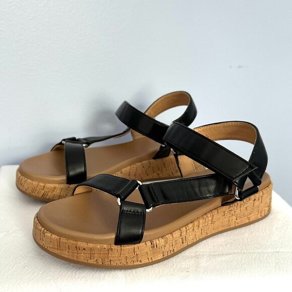 DV Dolce Vita Women’s Saedey Velcro Cork Platform Sandals 8 Black Adjustable - Picture 1 of 9